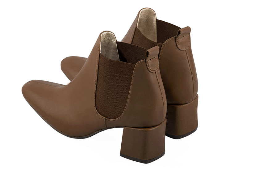 Caramel brown women's ankle boots, with elastics. Square toe. Medium block heels. Rear view - Florence KOOIJMAN